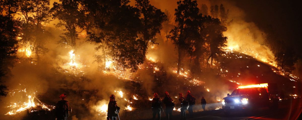 MIDDLETOWN, CA - SEPTEMBER 13: Firefighters with the Marin County Fire Department's Tamalpais Fire Crew monitor a backfire as they battle the Valley Fire on September 13, 2015 near Middletown, California. The fast-moving fire has consumed 50,000 acres after growing 40,000 acres in twelve hours and is currently zero percent contained.  (Photo by Stephen Lam/ Getty Images)